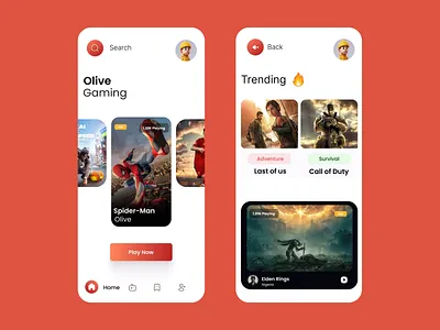 Interactive Gaming App Design adventure games clean ui game categories gaming app gaming community immersive experience interactive design intuitive layout live statistics live streaming mobile gaming modern design player avatar responsive ux survival games trending games ui design user friendly ux design ux ui