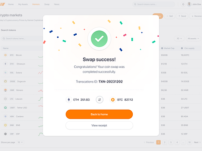 Crypto Market SaaS Web App - Swap Success ✅ btc component crypto crypto currency dashboard money pop up product design saas success swap table trade trading transaction ui uiux ux web app web3