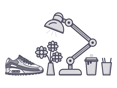 Desk Items coffee flowers iconography icons illustration lamp shoe vector