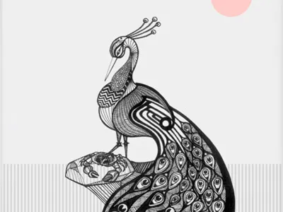 Sacré Paon black crab graphic ink lines peacock pink rock