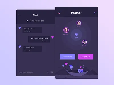 Chat + Discover (chat screen demo 3 screens) chat cute discover illustration match message people room search sidemenu ui user