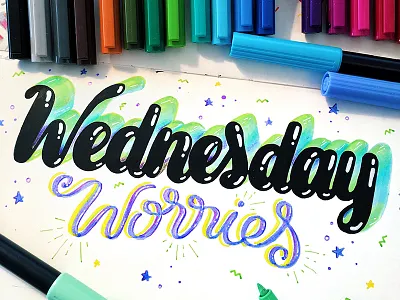 Wednesday Worries brush type gradient green hand lettered hand lettering illustration stars typography wednesday week worry