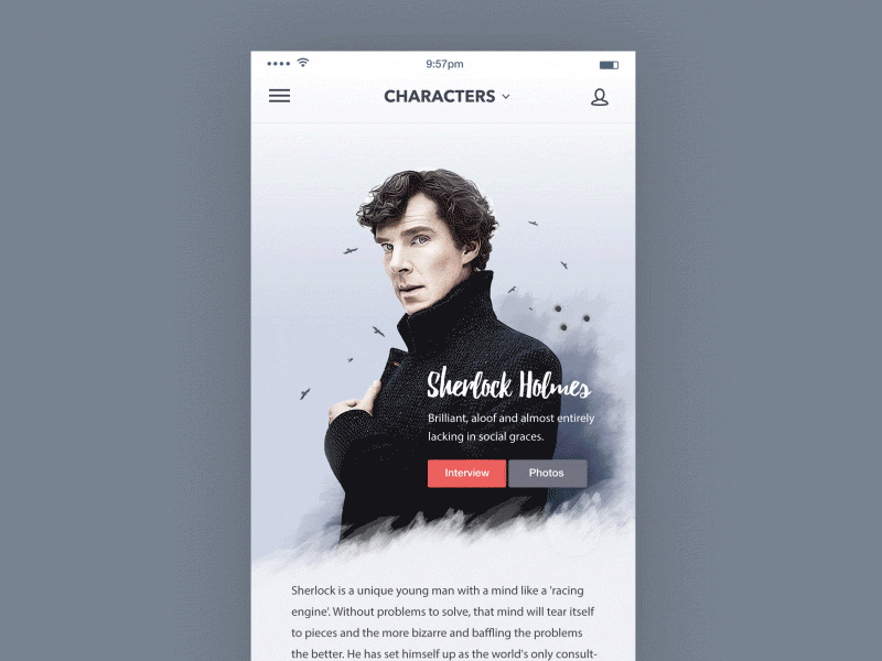 TV Show Characters page : Mobile animation animation cast character interaciton landing mobile sherlock show transition tv ui