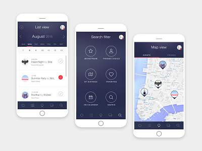 Hoop screens app filter hangout ios map mobile night search ui ux