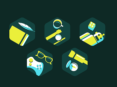 Skills Icon camera compass cup game handle notebook pen robot sun glasses telescope