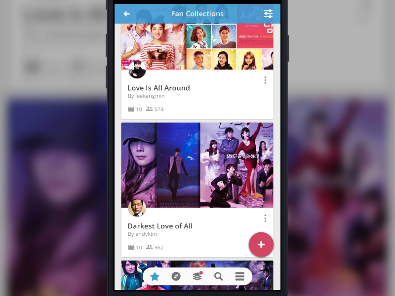 Fan Collections Screen with Floating Action Button (FAB) button fab google made with invision material design