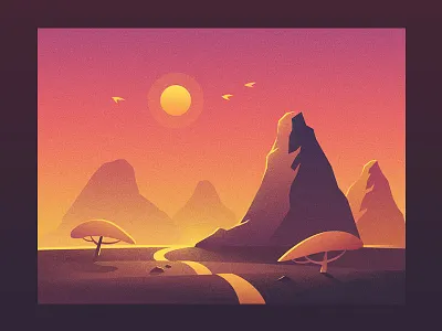 长河落日圆 bird colorful flat illustration landscape mountain river sun sunset tree