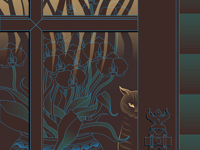 cat at sunset window, detail cat dark flower pot sexy sinister sunset window