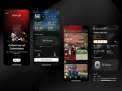 Energy - Fitness App Design app design dark mode design digital collectibles fitness app gamified fitness health mobile app design mobile ui modern ui rewards social fitness ui ui design user experience user interface ux ux design ux ui uxui