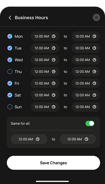 Business Hours Timing Modal business hours inspiration ui