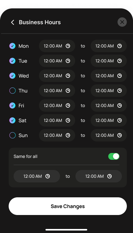 business hours timing modal UI