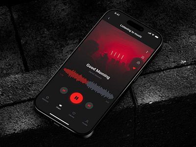 Music Player • Mobile App app application black dark design digital figma iphone menu mobile modern music nav play player premium red ui ux web