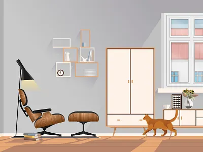 The interior in Scandinavian style 02 affinity designer cat eames home interior lounge chair nordic ottoman scandinavian shapes wardrobe window