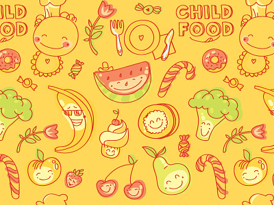 Child food seamless pattern child food fruits hand drawn icons illustration kids menu restaurant seamless pattern smiley face sweets vector vegetables