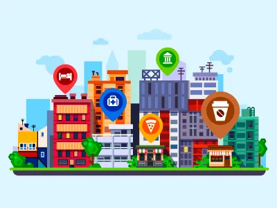 City with pins building city coffee flat house icon illustration landscape pin pizza summer vector