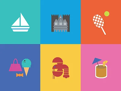 Newport Drawings alcohol ap event flat illustration lobster logo mansion sailboat shopping tennis