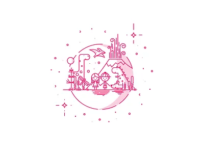 Dino world boy dinosaur girl icon illustration lines t rex volcano