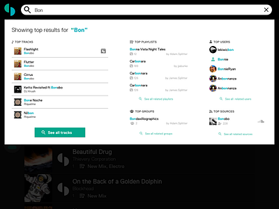 Searching bar dropdown music playlist search songs tracks ui ux