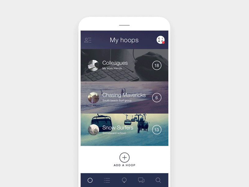 Add in a Hoop add app friends gesture groups ios mobile ui ux