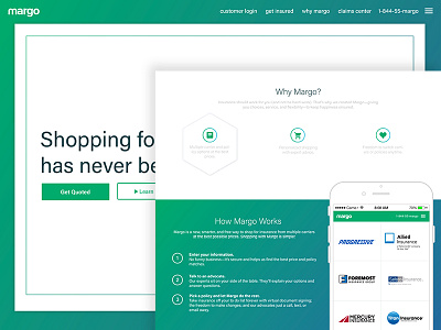 Margo Insurance - New Look blue clean gradient green homepage lander text design white