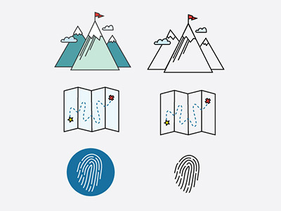 Strategy icons action experience icon identity illustration inconography map mountain plan thumbprint vector