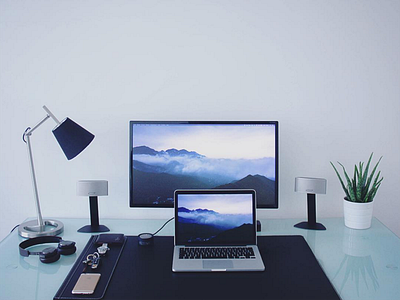 Clean setup design designer desk laptop office setup workspace