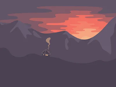 Winter hideout cabin chimney cozy flat illustration mountain mountains smoke sunset winter