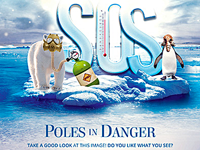 SOS Poles Flyer animal abuse arctic sea antarctica climate change endangered species global warming posters melting iceberg nature photomanipulation north south pole polar bear penguin raise awareness rising temperature sos help flyer