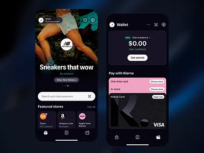 Klarna - Shopping App Design app cashback dark mode design digital wallet ecommerce flexible mobile app design mobile payments mobile ui mobile ux payment options purchase rewards shopping app sneakers sports theme user experience user interface uxui