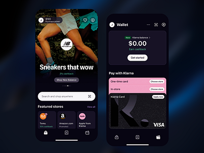 Klarna - Shopping App Design app cashback design digital wallet flexible mobile app design mobile payments mobile ui mobile ux payment options purchase rewards shopping app sneakers ui ui design user experience user interface ux uxui