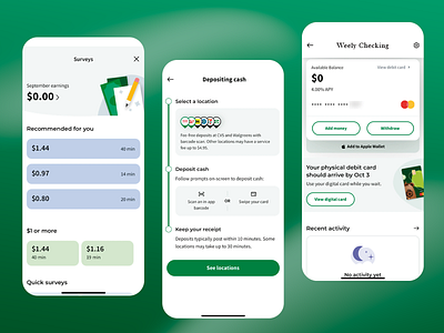 Mobile Banking App app banking app cash deposit design finance app fintech green theme mobile app design mobile banking modern responsive layout reward system survey ui ui design user interface ux ux design uxui