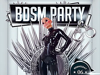 Bdsm Party Flyer bondage dominance erotic gay lesbian hot submission kinky flyer latex catsuit pole dancing rock party poster sex games sexy dominatrix stripper striptease studs chains whip handcuffs