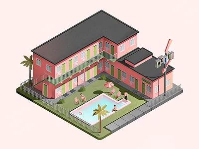 Flamingo Motel architecture building illustration isometric motel pink vector