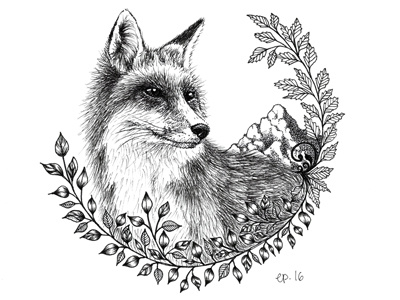 Fox - "Wild" animal black drawing floral fox hand drawn illustration leaves monochrome mountain nature