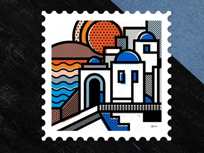 Greek stamp: Santorini abstract greece island patterns pop art santorini stamps sunset vector