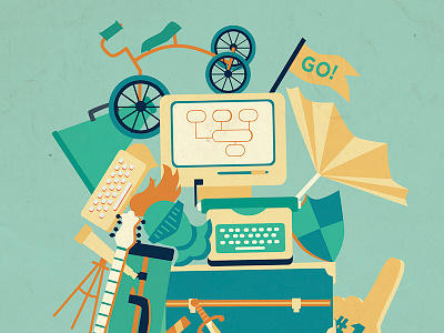 Roadtrip poster detail bandwagon computer guitar helmet illustration junk road trip suitcase telescope tricycle umbrella vector