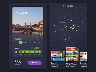 Apartment Renting App (1 of 3) android dark datepicker filters ios list map mobile results search travel