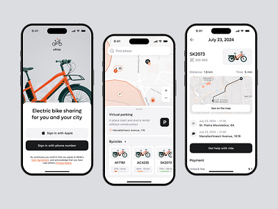 Electric bike rental mobile app bike rental clean design e bike interface design ios app map minimal design mobile app modern ui transport ui uxui