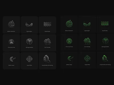 Crafted distinct icon sets with two color states. greeen icons pillow ui