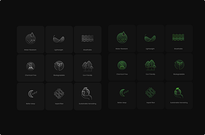 Crafted distinct icon sets with two color states. greeen icons pillow ui