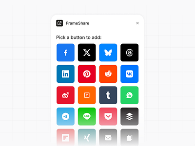 FrameShare Framer plugin buttons card facebook framer icons linkedin minimal modal modern plugin reddit share share widget socials ui widget