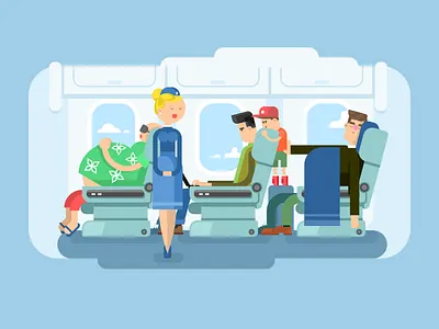 The flight airplane flat illustration interior kit8 passenger plane stewardess vector