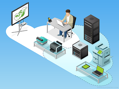 Isometric office v2 cloud illustration isometric laptop office printer tv