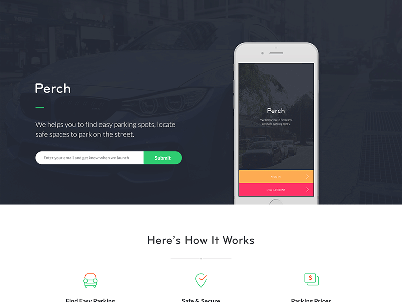 Perch Landing Page icons landing page parking travelling ui ux web web design