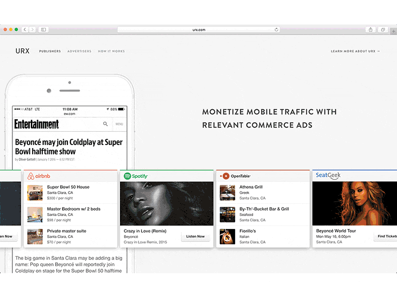 Publishers Page (URX.com) appviews cards carousel gif urx website