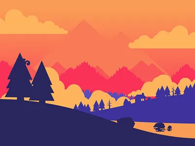 W blue clouds lake mountains orange pines purple river scenery sunset tree trees