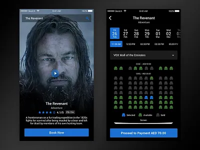 Movie ticket booking UI app black blue booking clean design flat interaction movie ticket ui ux