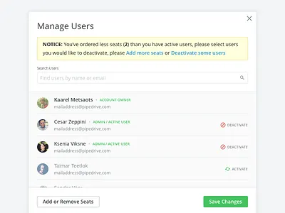 Simple Modal for User disabling and activating activate avatar button disable filter manage modal pipedrive search ui users