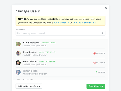 Simple Modal for User disabling and activating activate avatar button disable filter manage modal pipedrive search ui users