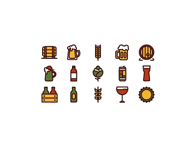 Beer icons barley beer bottle cap glass hop icons line art